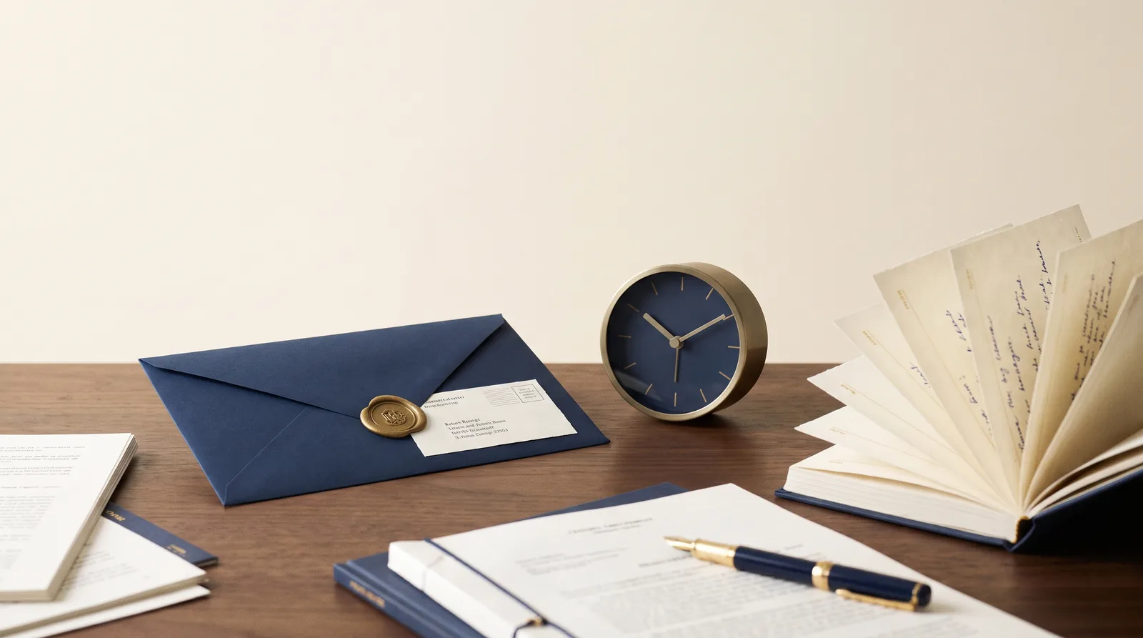 Una lettera raccomandata con ricevuta di ritorno appoggiata su una scrivania in legno, accanto a un piccolo orologio da tavolo e a un calendario aperto.