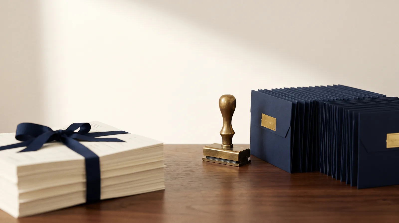 Una pila ordinata di moduli d'ordine legati con un nastro blu navy, accanto a un timbro in ottone e cartelline etichettate per i fornitori, su una scrivania in legno.