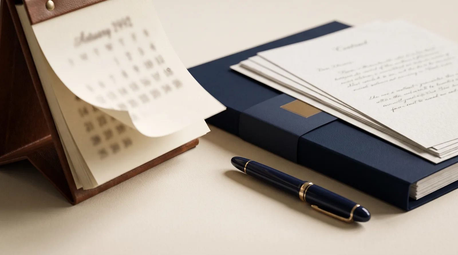 Un calendario da tavolo con la pagina che sta per girare, accanto a un fascicolo contrattuale chiuso da una fascetta di carta e una penna stilografica.
